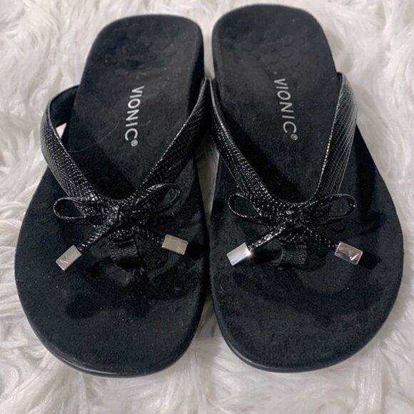 VIONIC Bella II Lizard embossed strap flipflop thong bow detail silvertone cap - Picture 2 of 10